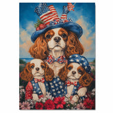 Mother Cavalier King Charles Spaniel and Puppies in Patriotic Starry Outfits with Festive Hat Oil Painting on Ready to Hang 1.5" Thick Canvas Wrap, Floating Framed Canvas, Flat Rolled Canvas